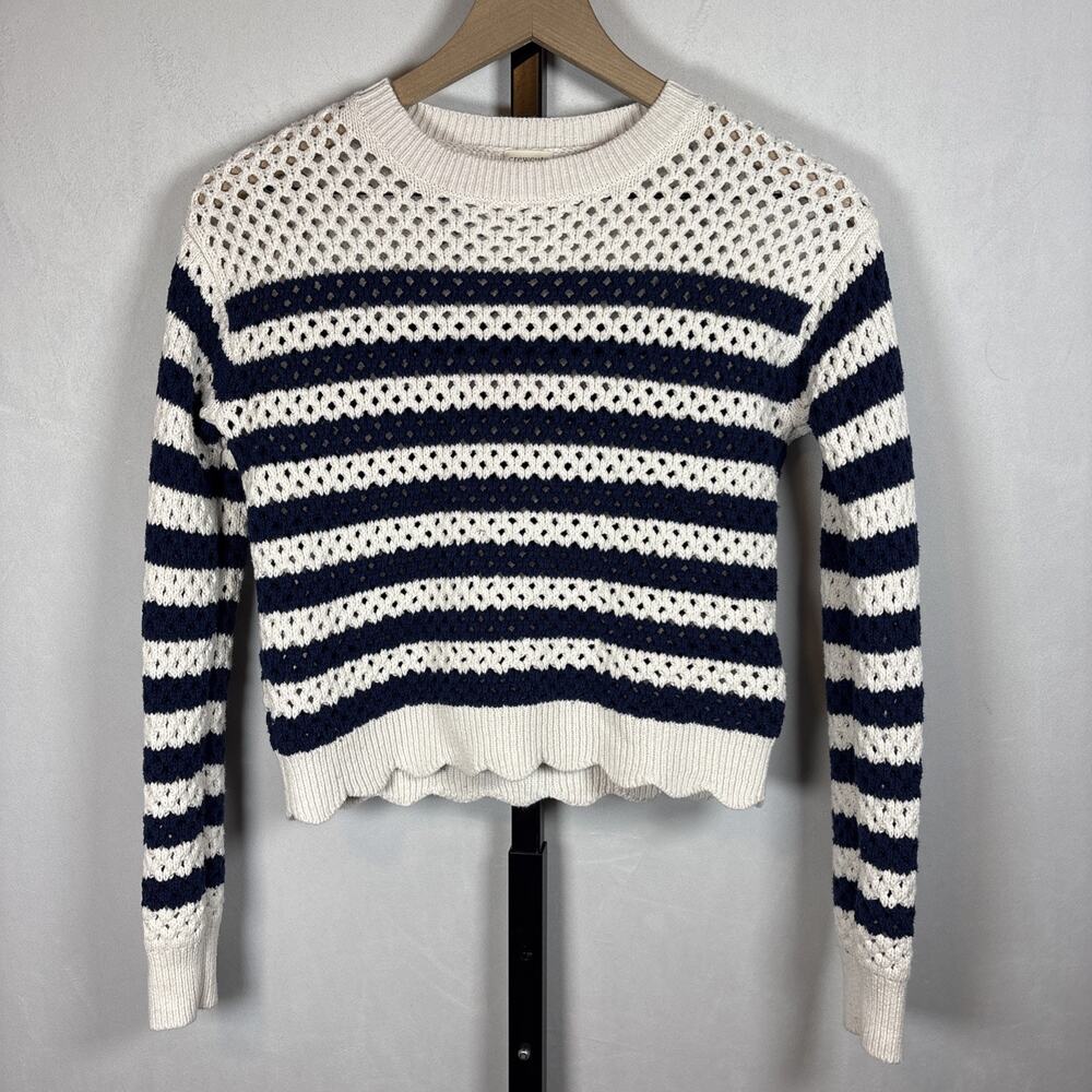 Crewcuts J. Crew Pointelle Sweater Girls XL 12-14 Nautical Stripe Scallop Hem